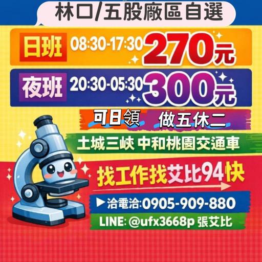 五股時薪日270元夜300元🚌日領1400元/天🧨做五休二💯固定班免輪班😺荷包賺