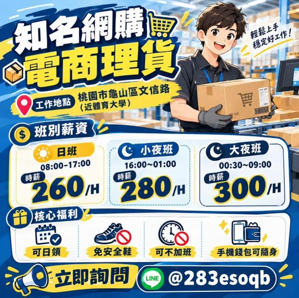 夯⚡可日領⭕高時薪280✦電商理貨⏩免加班✅等當兵可✅高錄取✅
