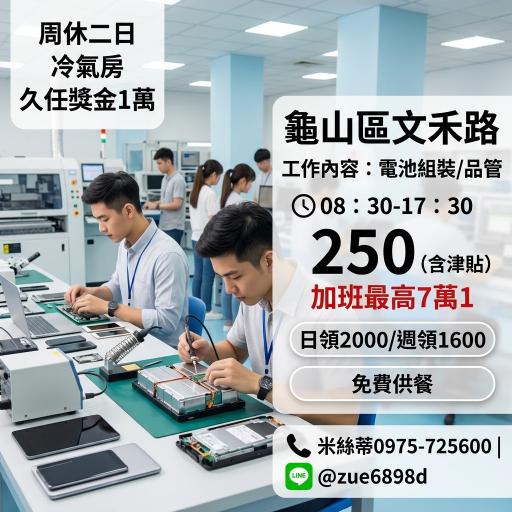 Ⓜ️日班250～668/7萬+/電池組裝員/測試員【周休二日】可日領2千【久任1萬
